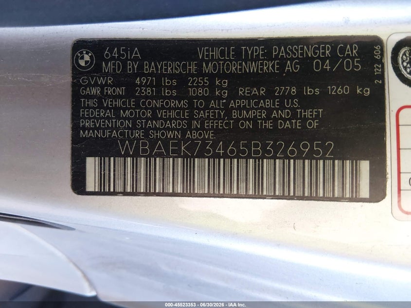 2005 BMW 6 series VIN WBAEK73465B326952 IAAI salvage auction — NORMAL WEAR, Clear-Dealer Only (Arizona), sold $750 on 2026-07-28 (photo 9)