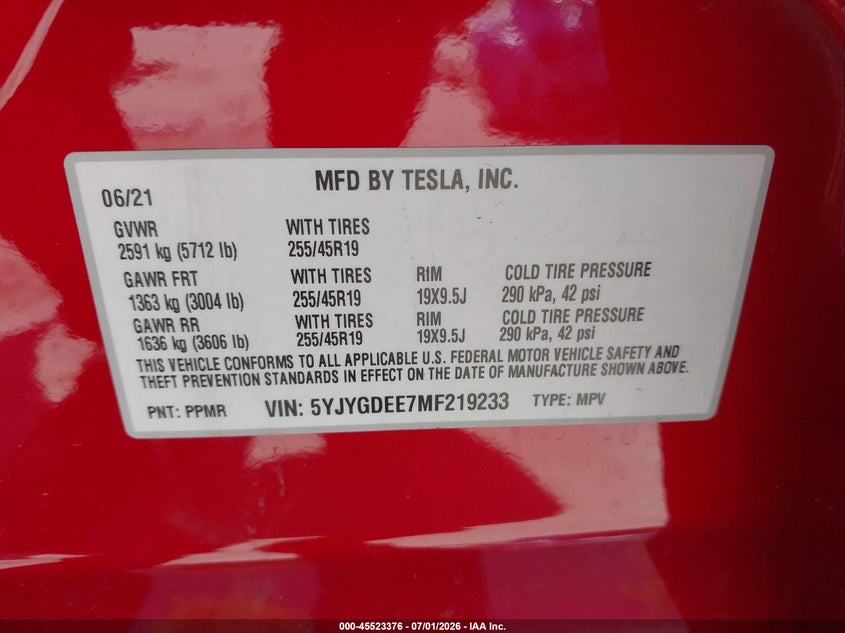 2021 Tesla Model y VIN 5YJYGDEE7MF219233 IAAI salvage auction — FRONT END, Salvage Title, sold $6,400 on 2026-07-30 (photo 9)