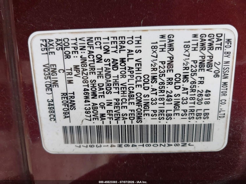 2006 Nissan Murano VIN JN8AZ08T46W413977 IAAI salvage auction — NORMAL WEAR, Original (Texas), sold $175 on 2026-07-09 (photo 9)