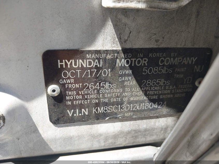 2002 Hyundai Santa fe VIN KM8SC13D12U180424 IAAI salvage auction — FRONT END, Salvage (California), sold $400 on 2026-07-22 (photo 9)