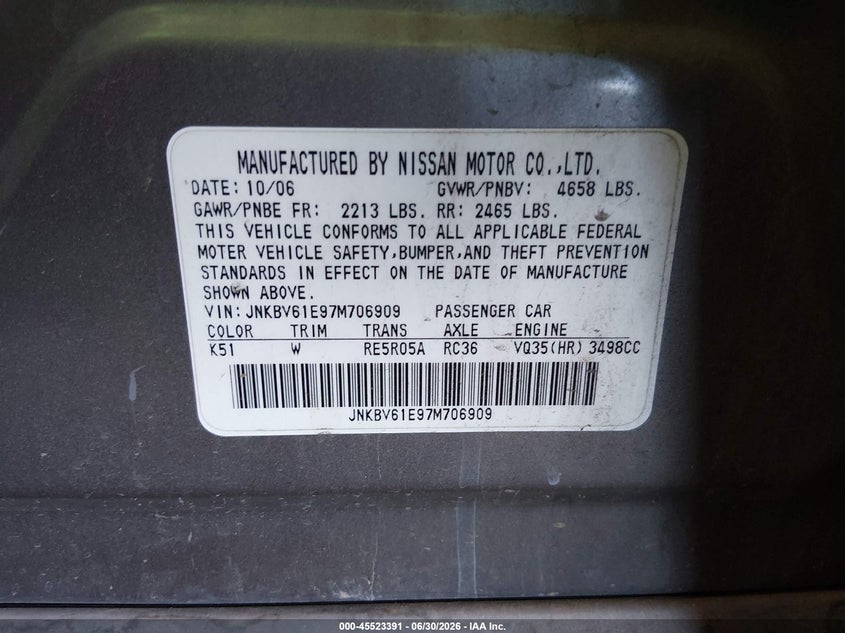 2007 Infiniti G35 VIN JNKBV61E97M706909 IAAI salvage auction — NORMAL WEAR, Clear-Dealer Only (Arizona), sold $650 on 2026-07-14 (photo 9)