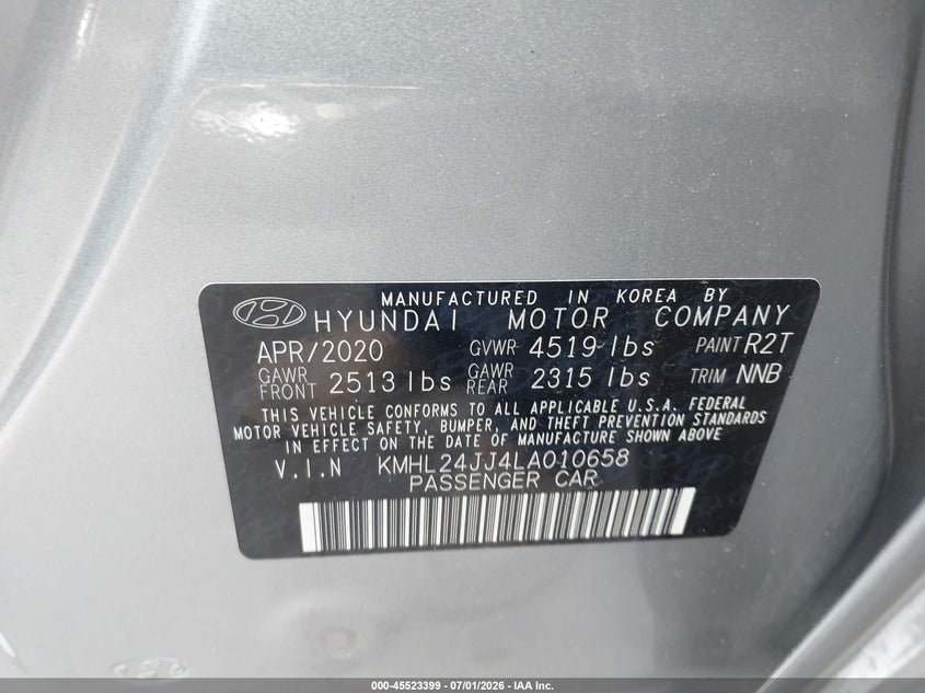 2020 Hyundai Sonata VIN KMHL24JJ4LA010658 IAAI salvage auction — FRONT END, Salvage Certificate (California), sold $4,150 on 2026-07-29 (photo 9)
