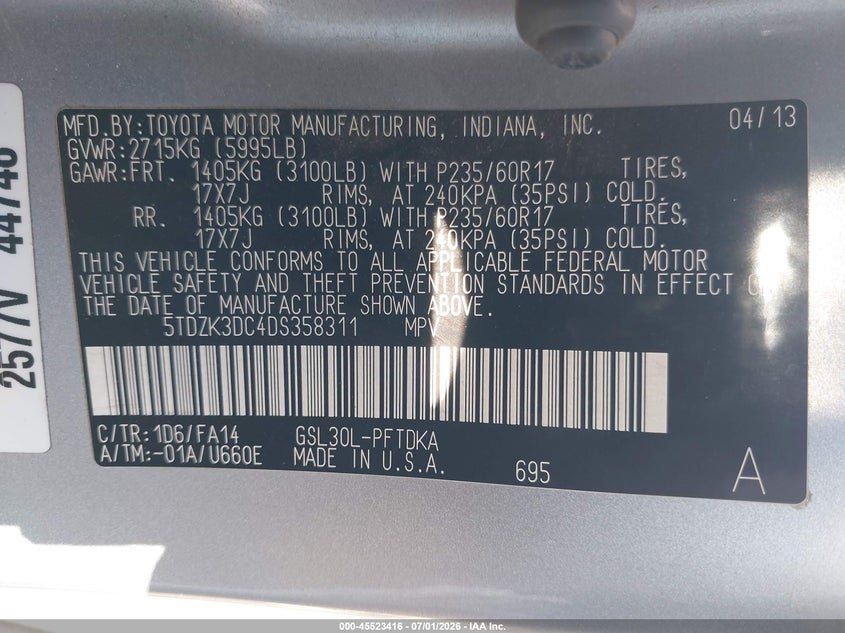 2013 Toyota Sienna VIN 5TDZK3DC4DS358311 IAAI salvage auction — REAR END, Salvage (California), sold $1,550 on 2026-07-10 (photo 9)