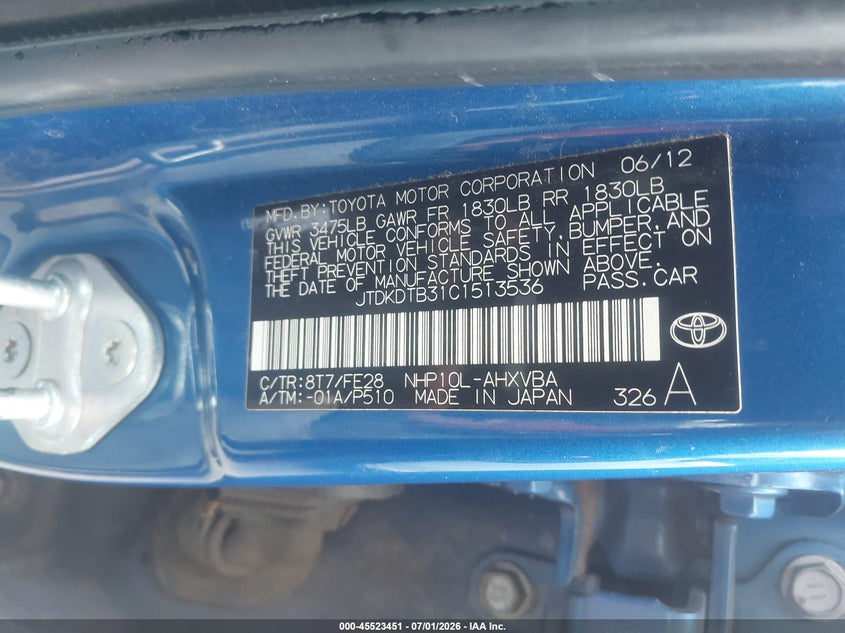 2012 Toyota Prius c VIN JTDKDTB31C1513536 IAAI salvage auction — NORMAL WEAR, Clear (South Carolina), sold $375 on 2026-07-29 (photo 9)