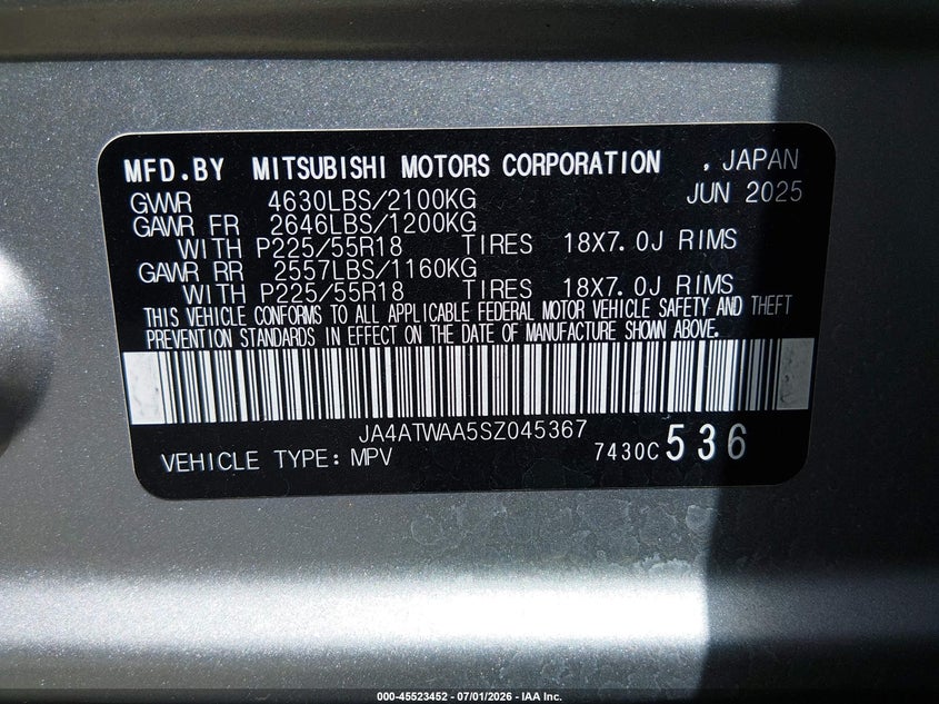 2025 Mitsubishi Eclipse cross VIN JA4ATWAA5SZ045367 IAAI salvage auction — FRONT END, Enterprise Vehicles Clear Only (Washington), sold $11,075 on 2026-07-22 (photo 9)
