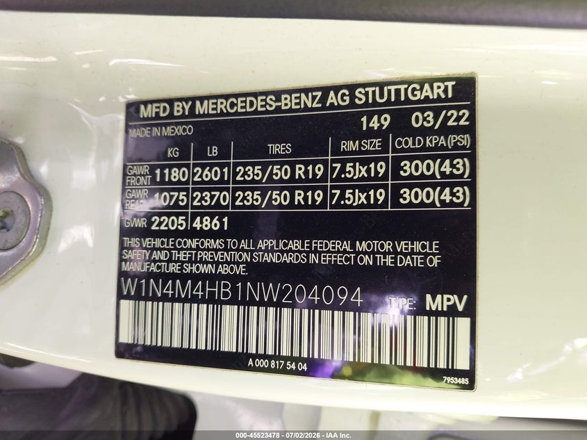 2022 Mercedes-benz Glb VIN W1N4M4HB1NW204094 IAAI salvage auction — LEFT FRONT, Bill Of Sale (Washington), sold $9,100 on 2026-07-28 (photo 9)