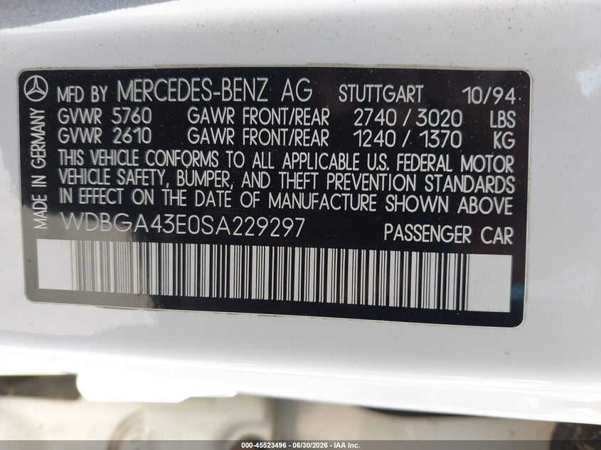 1995 Mercedes-benz S class VIN WDBGA43E0SA229297 IAAI salvage auction — FRONT END, Clear (Georgia), sold $600 on 2026-07-10 (photo 9)