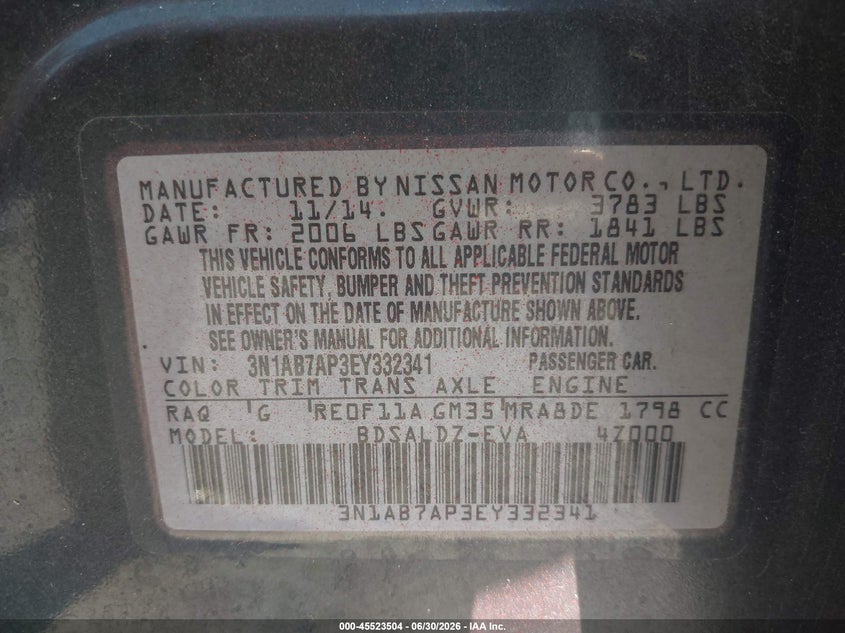 2014 Nissan Sentra VIN 3N1AB7AP3EY332341 IAAI salvage auction — NORMAL WEAR, Clear (Maryland), sold $225 on 2026-07-18 (photo 9)