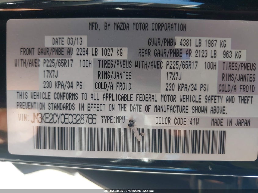 2014 Mazda Cx-5 VIN JM3KE2CY0E0328766 IAAI salvage auction — FRONT END, Salvage (California), sold $1,050 on 2026-07-23 (photo 9)