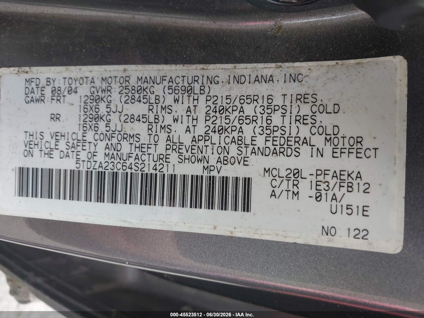 2004 Toyota Sienna VIN 5TDZA23C64S214211 IAAI salvage auction — NORMAL WEAR, Clear (Washington), sold $375 on 2026-07-09 (photo 9)