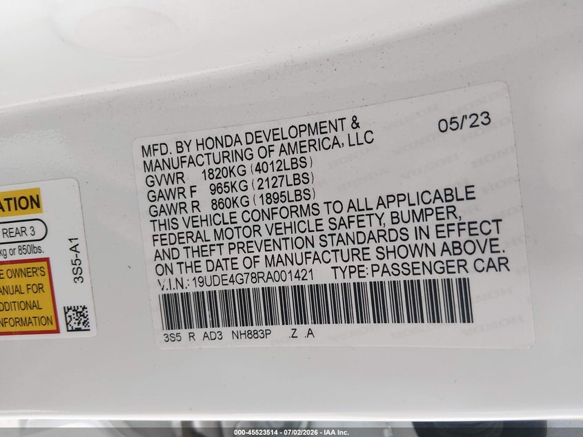 2024 Acura Integra VIN 19UDE4G78RA001421 IAAI salvage auction — LEFT FRONT, Bill Of Sale (Washington), sold $10,200 on 2026-07-29 (photo 9)