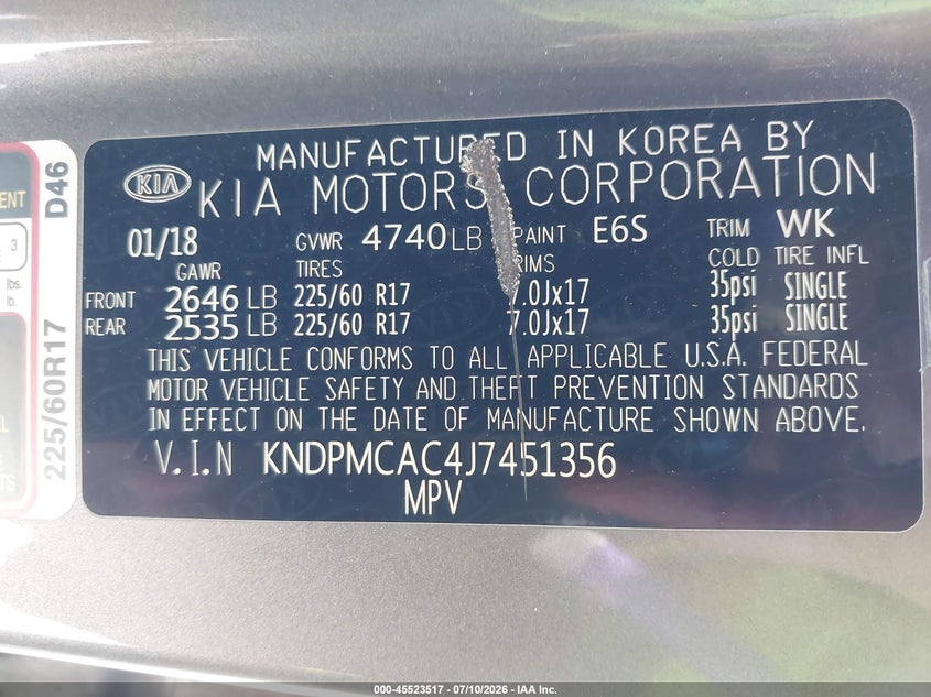 2018 Kia Sportage VIN KNDPMCAC4J7451356 IAAI salvage auction — NORMAL WEAR, Clear - Dealer Only (California), sold $1,600 on 2026-07-28 (photo 9)