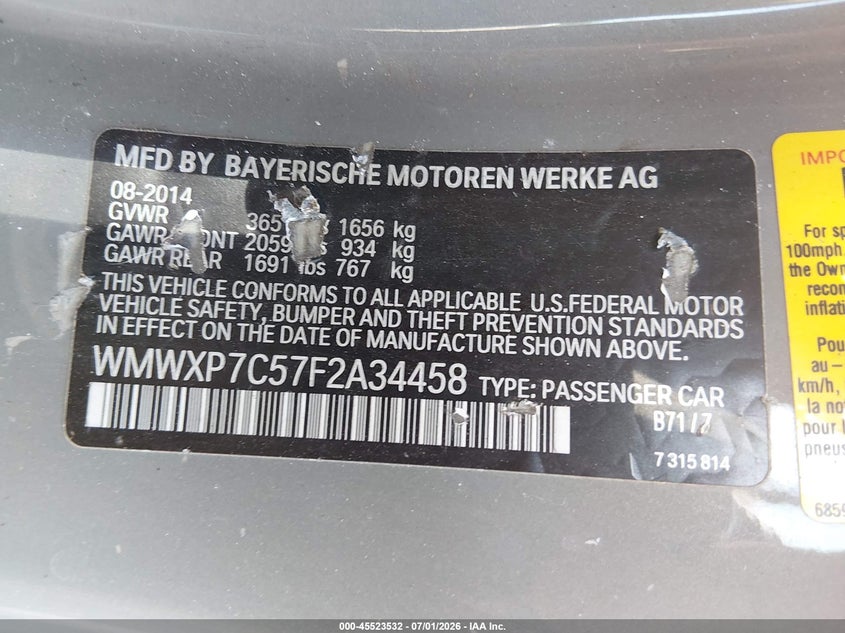 2015 Mini Hard top VIN WMWXP7C57F2A34458 IAAI salvage auction — FRONT END, Salvage Title, sold $500 on 2026-07-30 (photo 9)