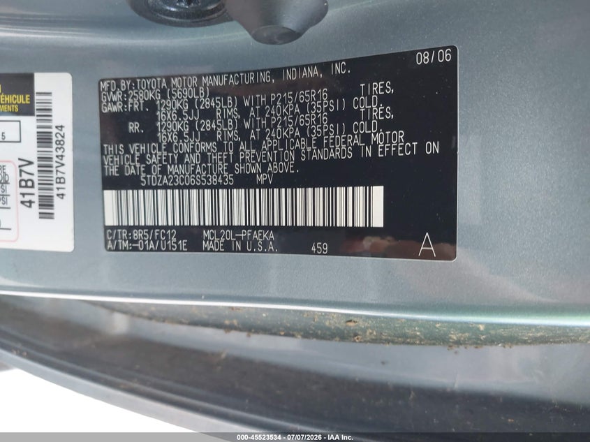 2006 Toyota Sienna VIN 5TDZA23C06S538435 IAAI salvage auction — NORMAL WEAR, Clear (Missouri), sold $425 on 2026-07-20 (photo 9)