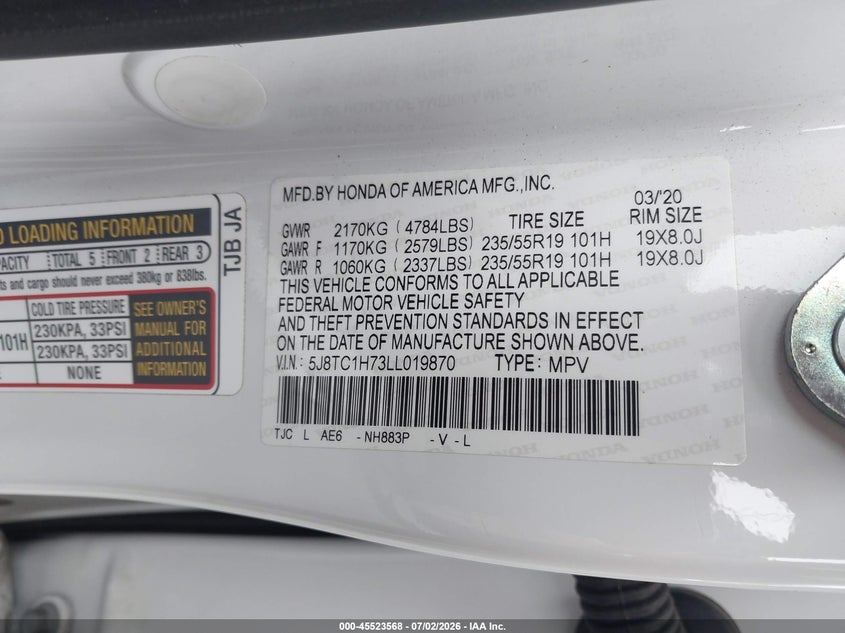 2020 Acura Rdx VIN 5J8TC1H73LL019870 IAAI salvage auction — REAR END, Salvage Certificate (California), sold $9,100 on 2026-07-10 (photo 9)