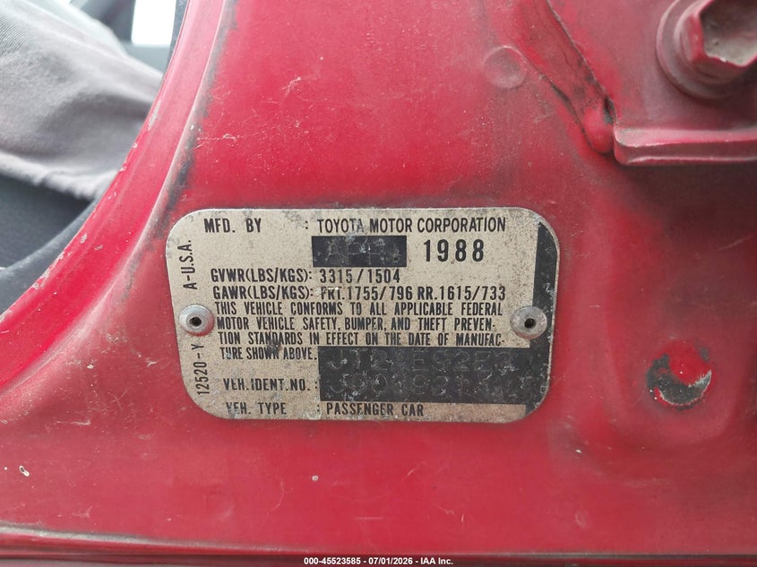 1988 Toyota Corolla VIN JT2AE92E3J0069214 IAAI salvage auction — NORMAL WEAR, Clear - Dealer Only (California), sold $150 on 2026-07-08 (photo 9)