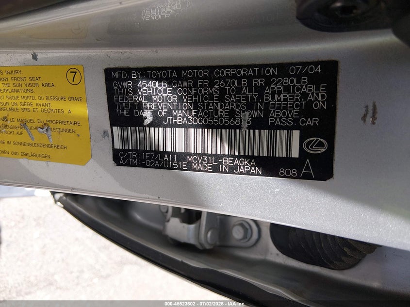 2005 Lexus Es 330 VIN JTHBA30G055056873 IAAI salvage auction — FRONT END, Salvage (Utah), sold $350 on 2026-07-30 (photo 9)