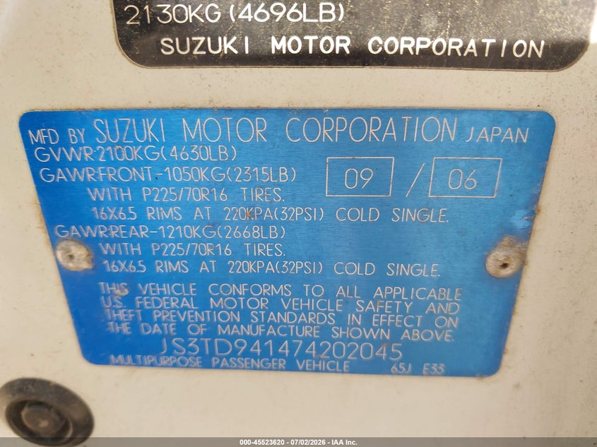 2007 Suzuki Grand vitara VIN JS3TD941474202045 IAAI salvage auction — NORMAL WEAR, Original (Ohio), sold $300 on 2026-07-27 (photo 9)