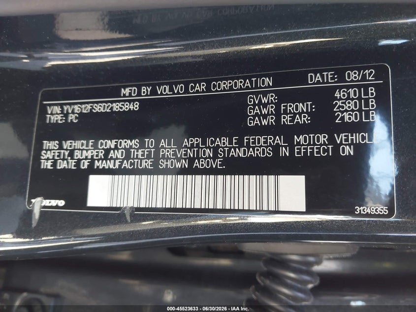 2013 Volvo S60 VIN YV1612FS6D2185848 IAAI salvage auction — FRONT END, Salvage (California), sold $1,300 on 2026-08-10 (photo 9)