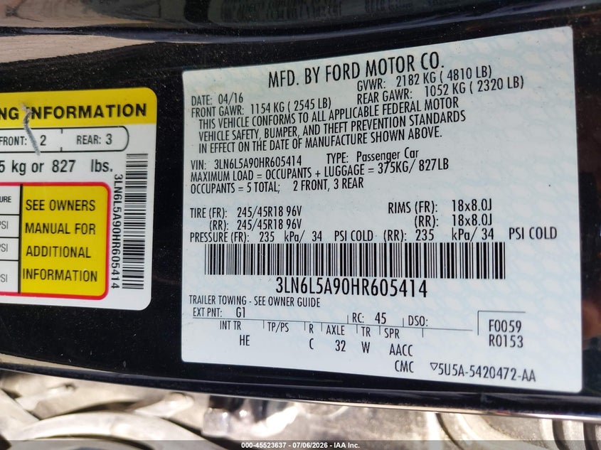 2017 Lincoln Mkz VIN 3LN6L5A90HR605414 IAAI salvage auction — FRONT END, Salvage Title, sold $1,600 on 2026-08-01 (photo 9)