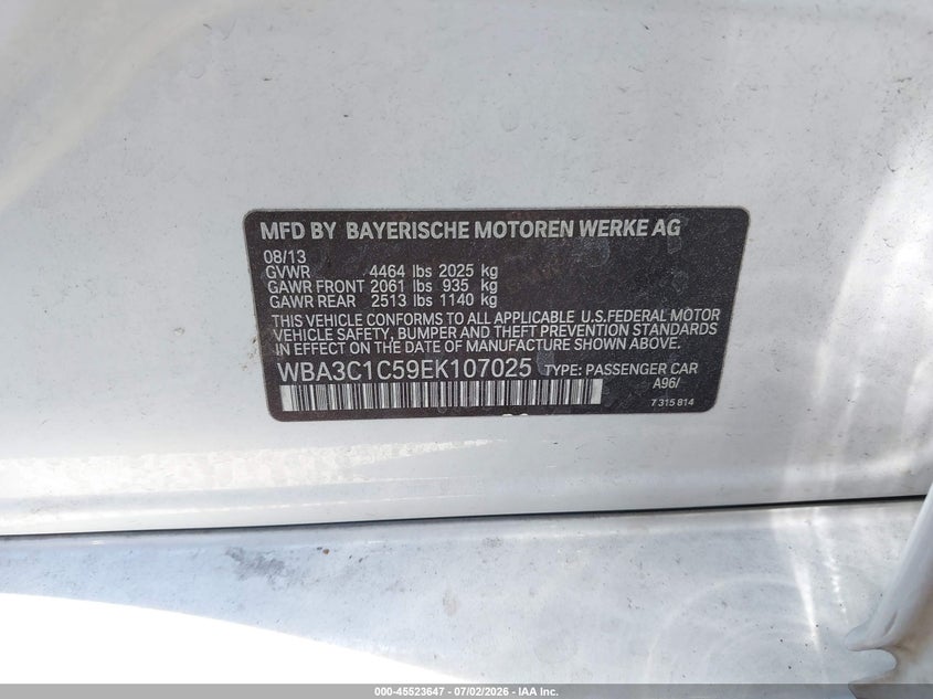 2014 BMW 3er VIN WBA3C1C59EK107025 IAAI salvage auction — LEFT FRONT, Salvage Title, sold $700 on 2026-07-17 (photo 9)