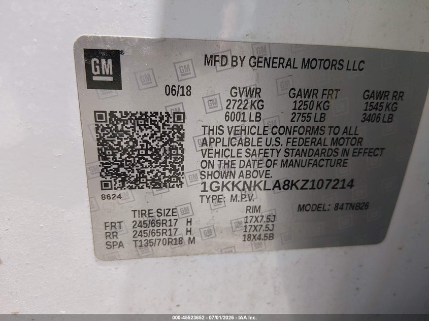 2019 Gmc Acadia VIN 1GKKNKLA8KZ107214 IAAI salvage auction — RIGHT FRONT, Salvage Title, sold $2,900 on 2026-09-01 (photo 9)
