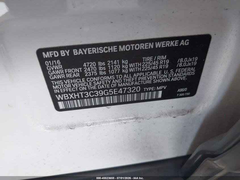 2016 BMW X1 VIN WBXHT3C39G5E47320 IAAI salvage auction — LEFT SIDE, Salvage (California), sold $2,050 on 2026-07-28 (photo 9)
