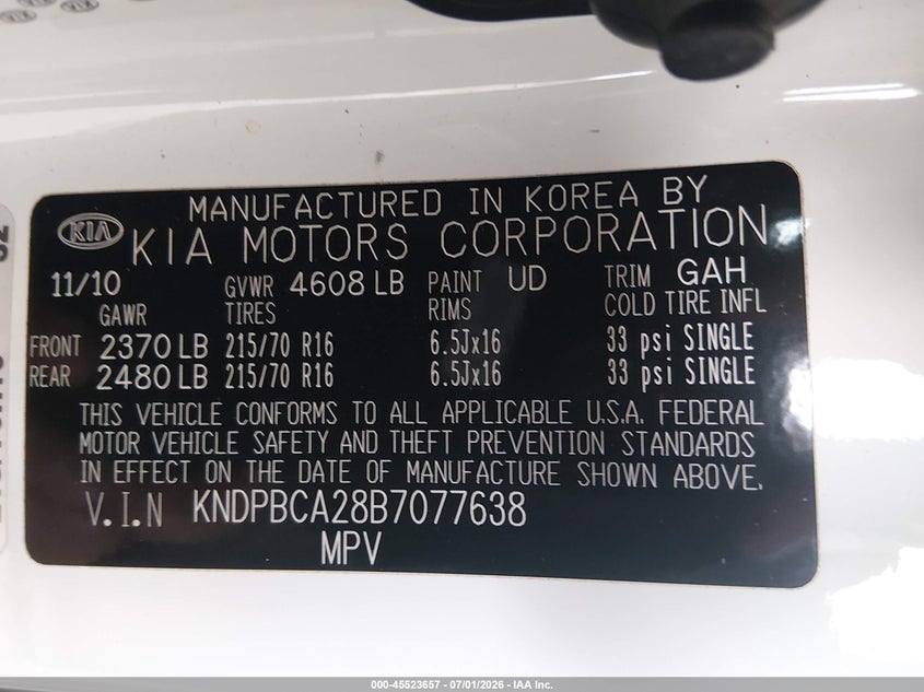 2011 Kia Sportage VIN KNDPBCA28B7077638 IAAI salvage auction — FRONT END, Salvage Title, sold $2,000 on 2026-07-22 (photo 9)