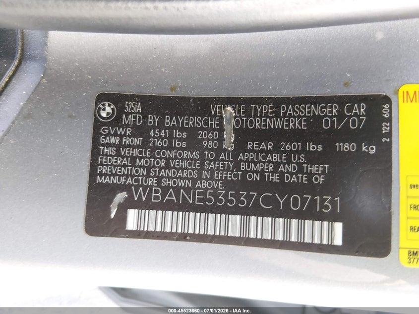 2007 BMW 5 series VIN WBANE53537CY07131 IAAI salvage auction — UNKNOWN, Salvage (Nevada), sold $100 on 2026-07-24 (photo 9)