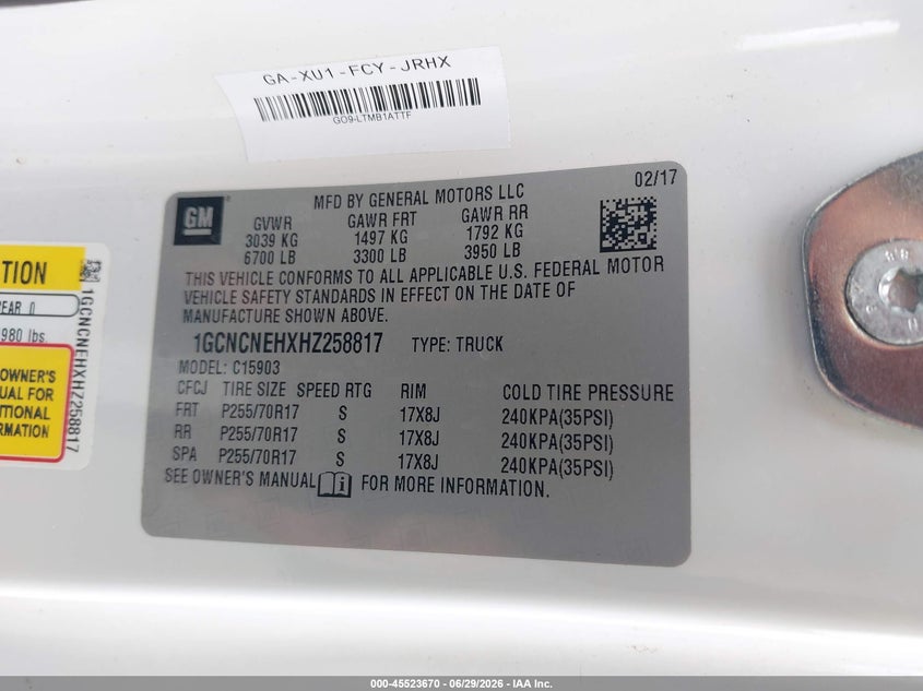 2017 Chevrolet Silverado 1500 VIN 1GCNCNEHXHZ258817 IAAI salvage auction — NORMAL WEAR, Sf97 (Hawaii), sold $10,100 on 2026-07-28 (photo 9)