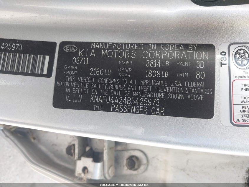 2011 Kia Forte VIN KNAFU4A24B5425973 IAAI salvage auction — NORMAL WEAR, Clear - Dealer Only (California), sold $325 on 2026-07-28 (photo 9)