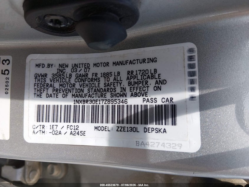 2007 Toyota Corolla VIN 1NXBR30E17Z895346 IAAI salvage auction — NORMAL WEAR, Clear (Kansas), sold $3,650 on 2026-07-10 (photo 9)