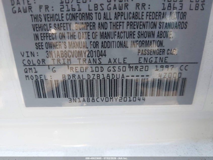 2021 Nissan Sentra VIN 3N1AB8CV0MY201044 IAAI salvage auction — SUSPENSION, Salvage Title, sold $4,425 on 2026-07-29 (photo 9)