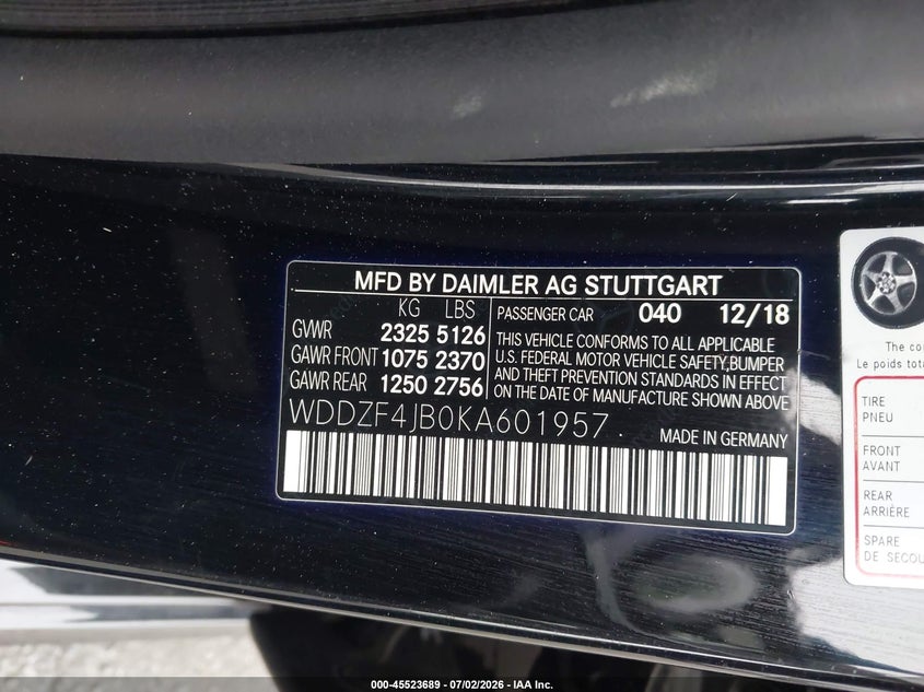 2019 Mercedes-benz E-klasse VIN WDDZF4JB0KA601957 IAAI salvage auction — RIGHT SIDE, Salvage Title, sold $11,600 on 2026-07-30 (photo 9)