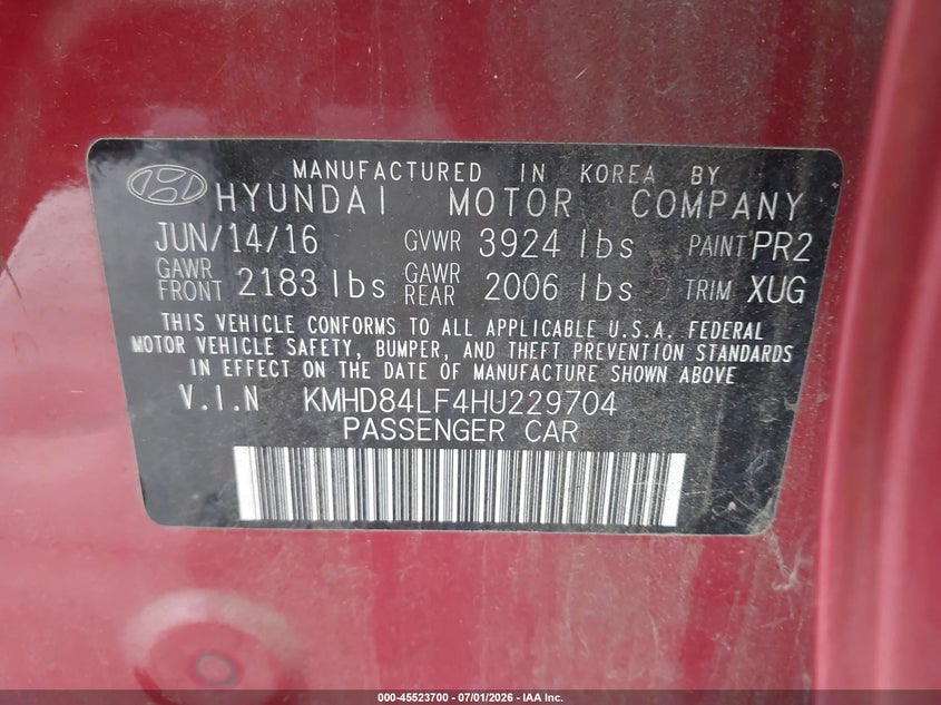 2017 Hyundai Elantra VIN KMHD84LF4HU229704 IAAI salvage auction — NORMAL WEAR, Clear - Dealer Only (California), sold $950 on 2026-07-14 (photo 9)