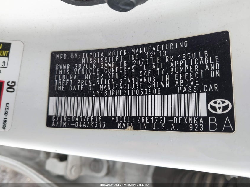 2014 Toyota Corolla VIN 5YFBURHE7EP060906 IAAI salvage auction — FRONT END, Salvage (California), sold $25 on 2026-07-28 (photo 9)