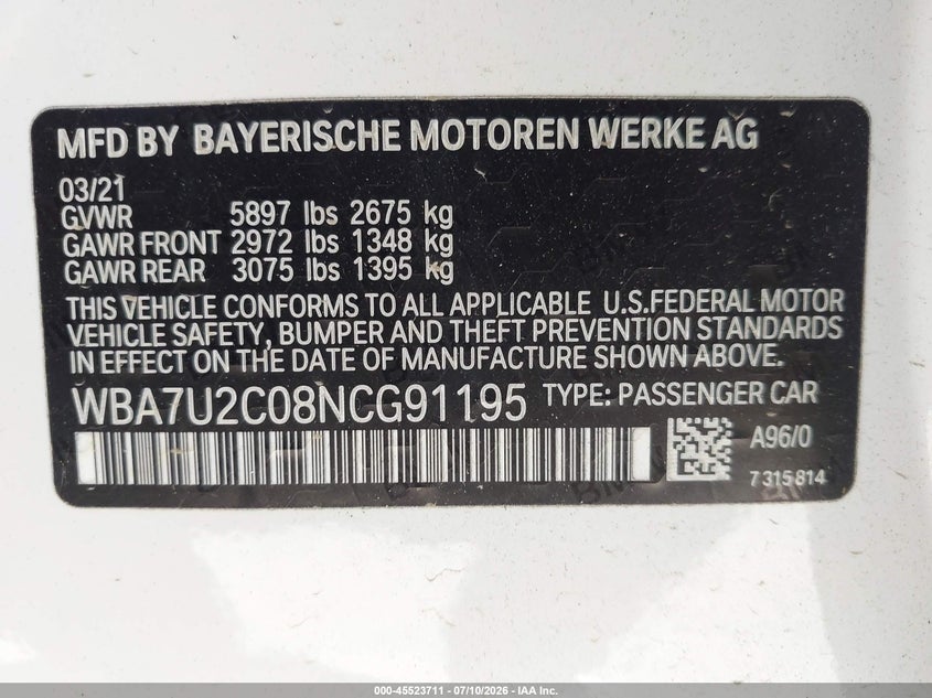 2022 BMW 7er VIN WBA7U2C08NCG91195 IAAI salvage auction — RIGHT FRONT, Salvage Title, sold $10,000 on 2026-08-26 (photo 9)