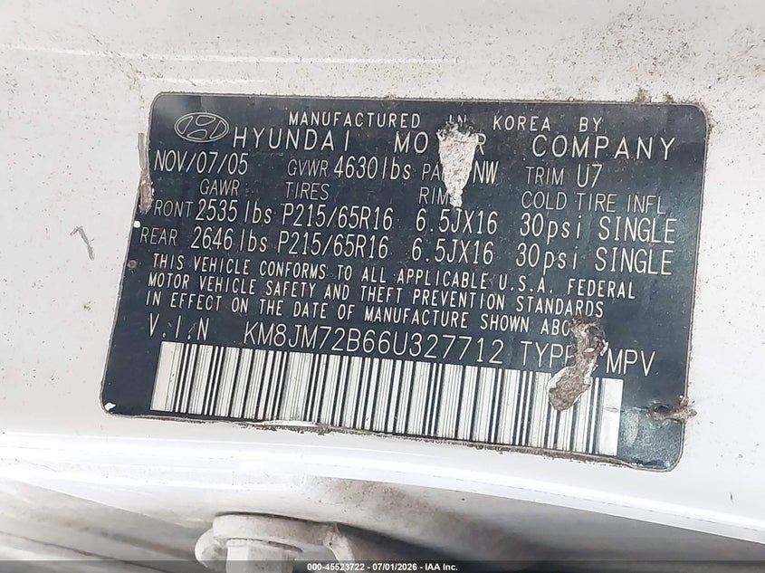 2006 Hyundai Tucson VIN KM8JM72B66U327712 IAAI salvage auction — RIGHT SIDE, Bill Of Sale (Washington), sold $325 on 2026-07-15 (photo 9)