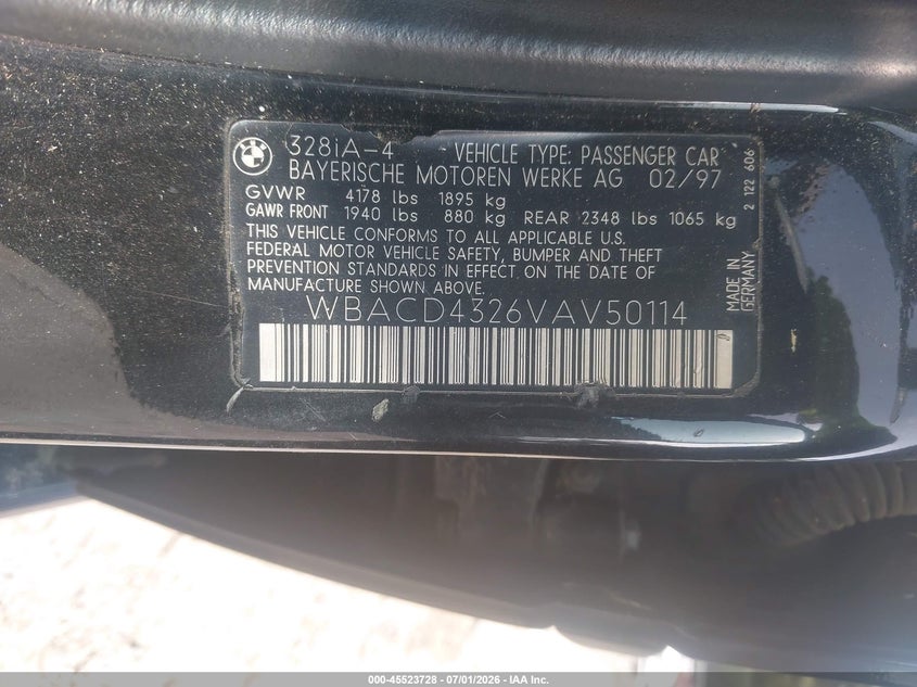 1997 BMW 3 series VIN WBACD4326VAV50114 IAAI salvage auction — ENGINE DAMAGE, Clear (Georgia), sold $700 on 2026-07-17 (photo 9)