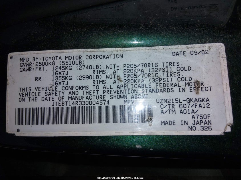 2003 Toyota 4runner VIN JTEBT14R330004574 IAAI salvage auction — FRONT END, Bill Of Sale (Washington), sold $1,300 on 2026-07-29 (photo 9)