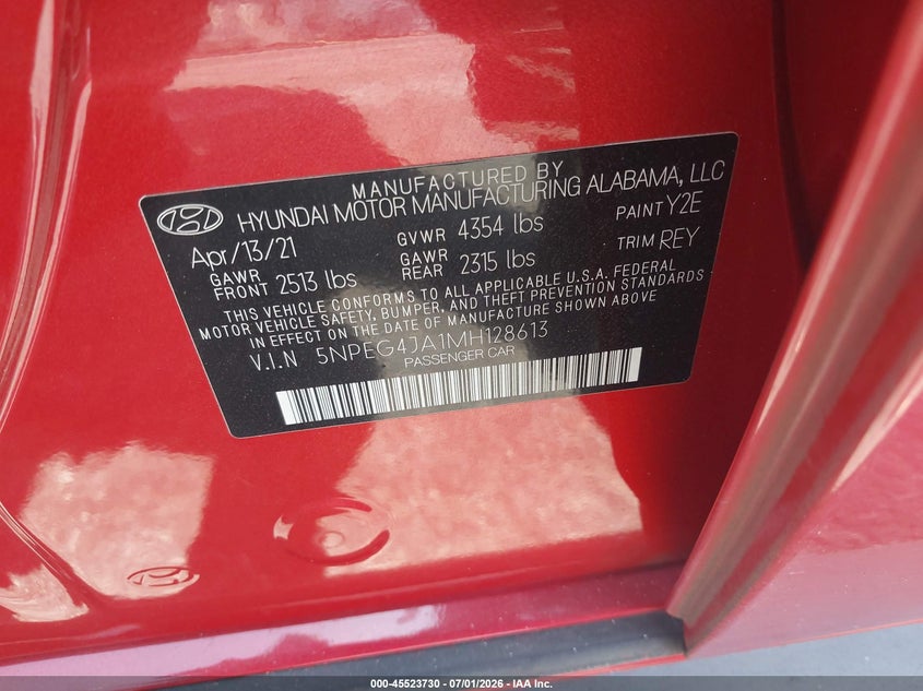 2021 Hyundai Sonata VIN 5NPEG4JA1MH128613 IAAI salvage auction — SUSPENSION, Salvage (California), sold $2,900 on 2026-08-01 (photo 9)