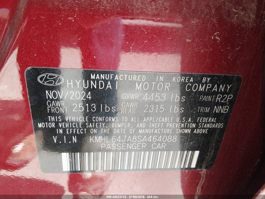 2025 Hyundai Sonata VIN KMHL64JA8SA464088 IAAI salvage auction — FRONT END, Salvage Title, sold $8,300 on 2026-08-19 (photo 9)