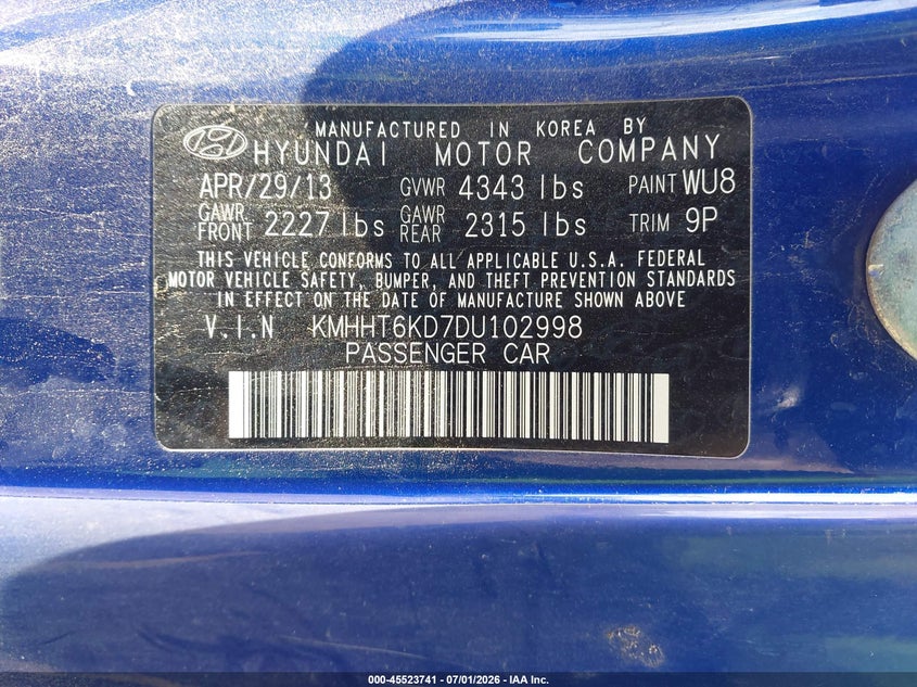 2013 Hyundai Genesis VIN KMHHT6KD7DU102998 IAAI salvage auction — NORMAL WEAR, Original (Texas), sold $275 on 2026-07-21 (photo 9)