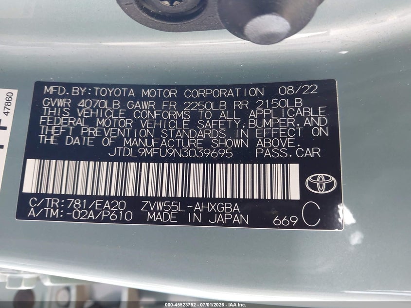 2022 Toyota Prius VIN JTDL9MFU9N3039695 IAAI salvage auction — FRONT END, Bill Of Sale (Washington), sold $9,200 on 2026-07-22 (photo 9)