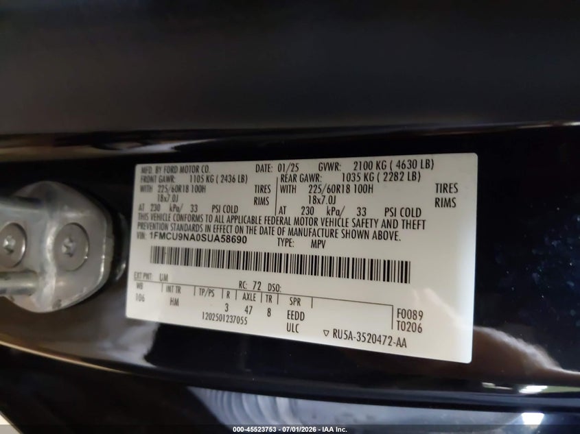 2025 Ford Escape VIN 1FMCU9NA0SUA58690 IAAI salvage auction — LEFT FRONT, Salvage Title, sold $7,225 on 2026-08-24 (photo 9)