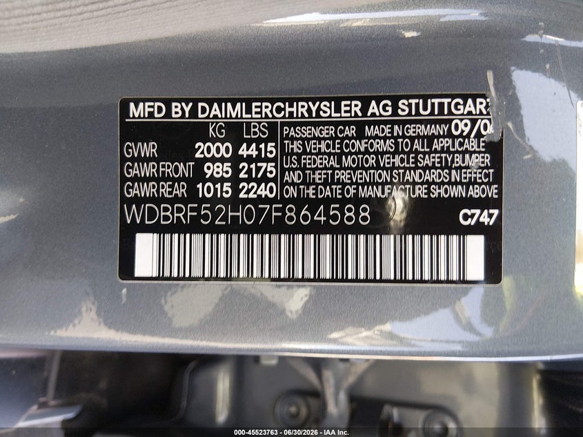 2007 Mercedes-benz C class VIN WDBRF52H07F864588 IAAI salvage auction — SIDE, Salvage (Nevada), sold $450 on 2026-07-15 (photo 9)