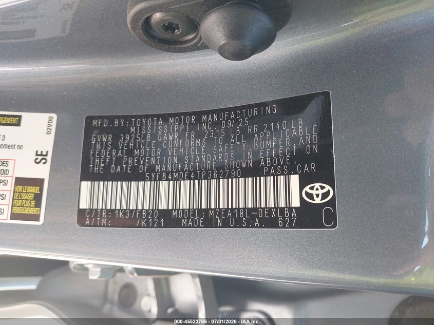 2026 Toyota Corolla VIN 5YFB4MDE4TP362790 IAAI salvage auction — LEFT FRONT, Enterprise Vehicles Clear Only (Louisiana), sold $10,100 on 2026-07-07 (photo 9)