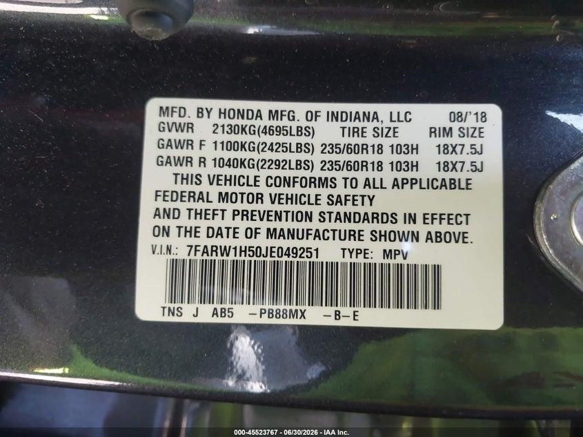 2018 Honda Cr-v VIN 7FARW1H50JE049251 IAAI salvage auction — REAR END, Salvage Title, sold $4,000 on 2026-08-03 (photo 9)