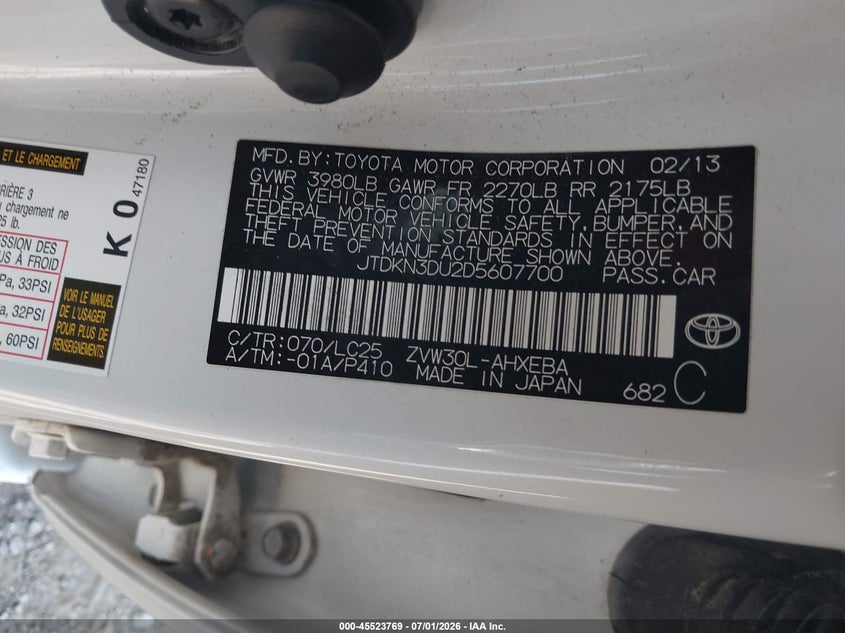 2013 Toyota Prius VIN JTDKN3DU2D5607700 IAAI salvage auction — FRONT & REAR, Salvage Title, sold $2,300 on 2026-07-16 (photo 9)