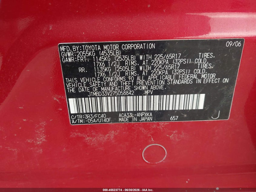 2007 Toyota Rav4 VIN JTMBD33V275058842 IAAI salvage auction — NORMAL WEAR, Original (Ohio), sold $1,875 on 2026-07-07 (photo 9)